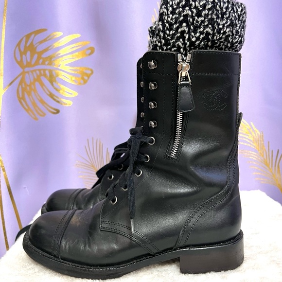 Chanel black leather combat boots with sock detail - Picture 7 of 11